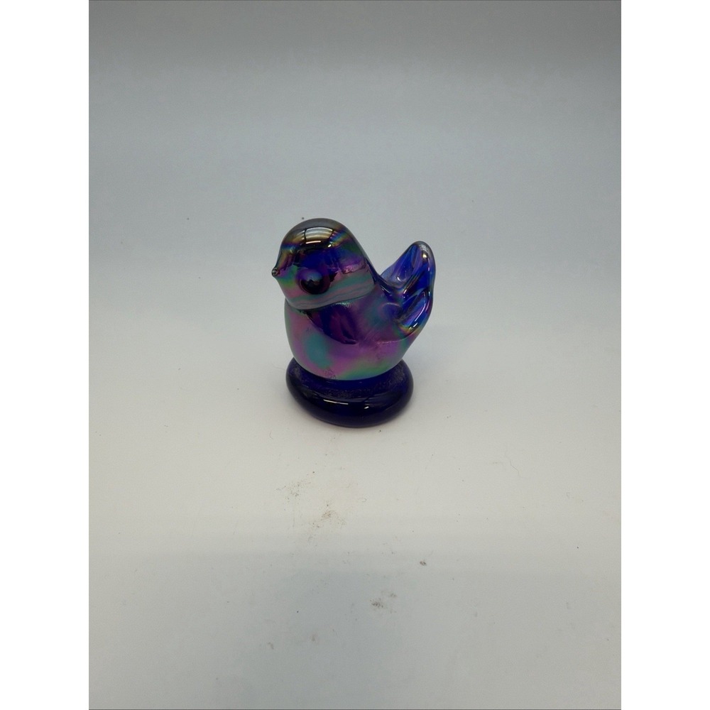 Signed Leo Ward 1990 Terra Studios Rainbow Bird Blue Carnival Glass Mini